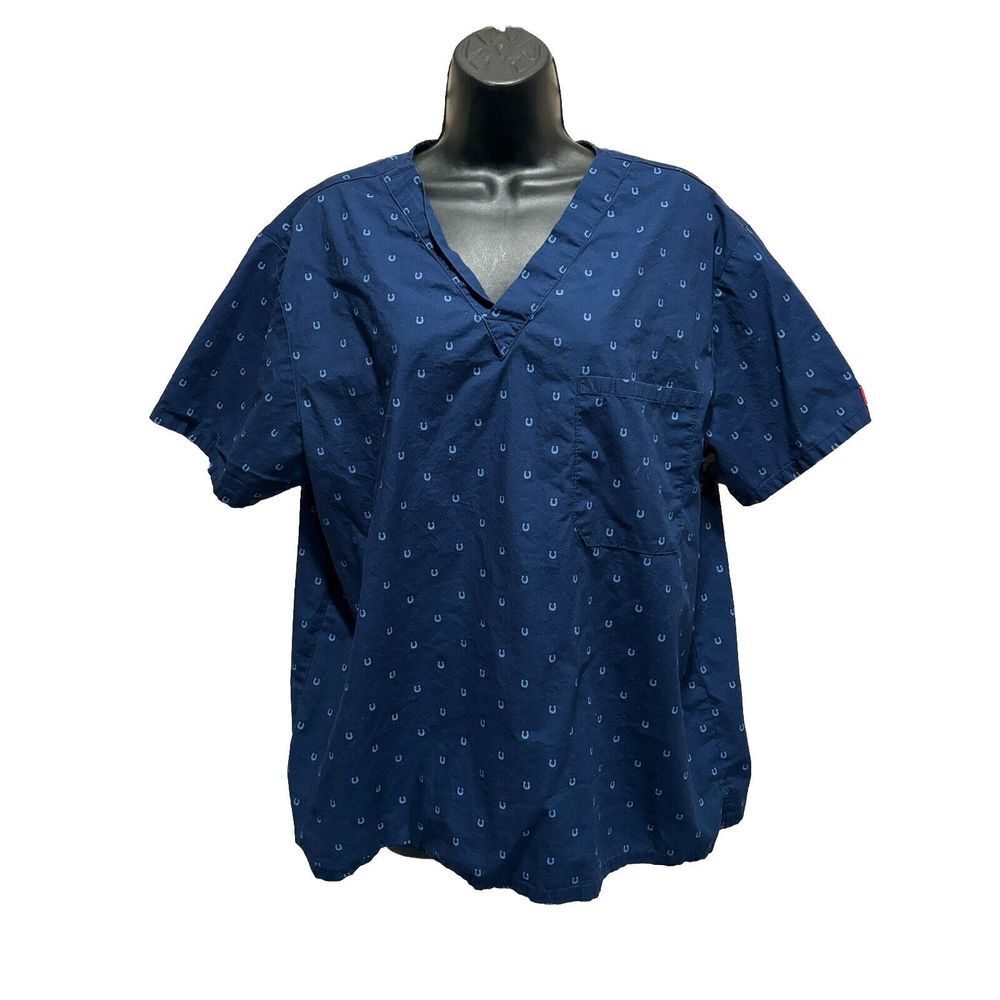 Dickies Scrub‎ Top Navy/Horseshoes Print Short Sleeve V Neck Pockets Size M